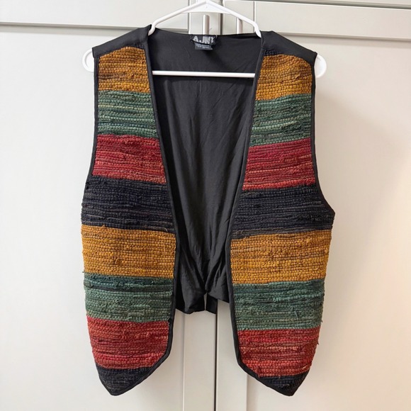 AJNY Jackets & Blazers - AJNY Woven Leather Vest Medium Earth Tone Striped Boho‎ Open Front Tie Back